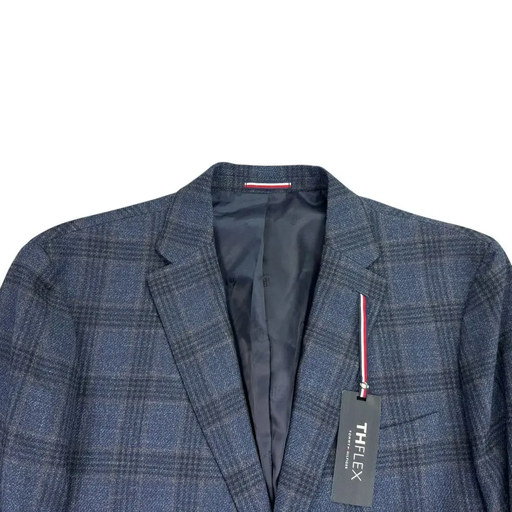Tommy Hilfiger Mens TH Flex Modern Fit Conrad Plaid Sport Coat Navy Brown 46R